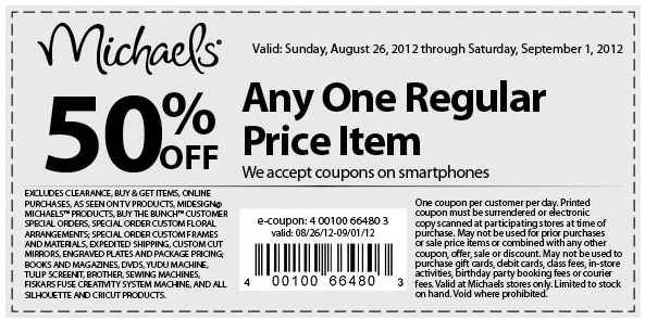 50 off a single item at Michaels crafts coupon via The Coupons App