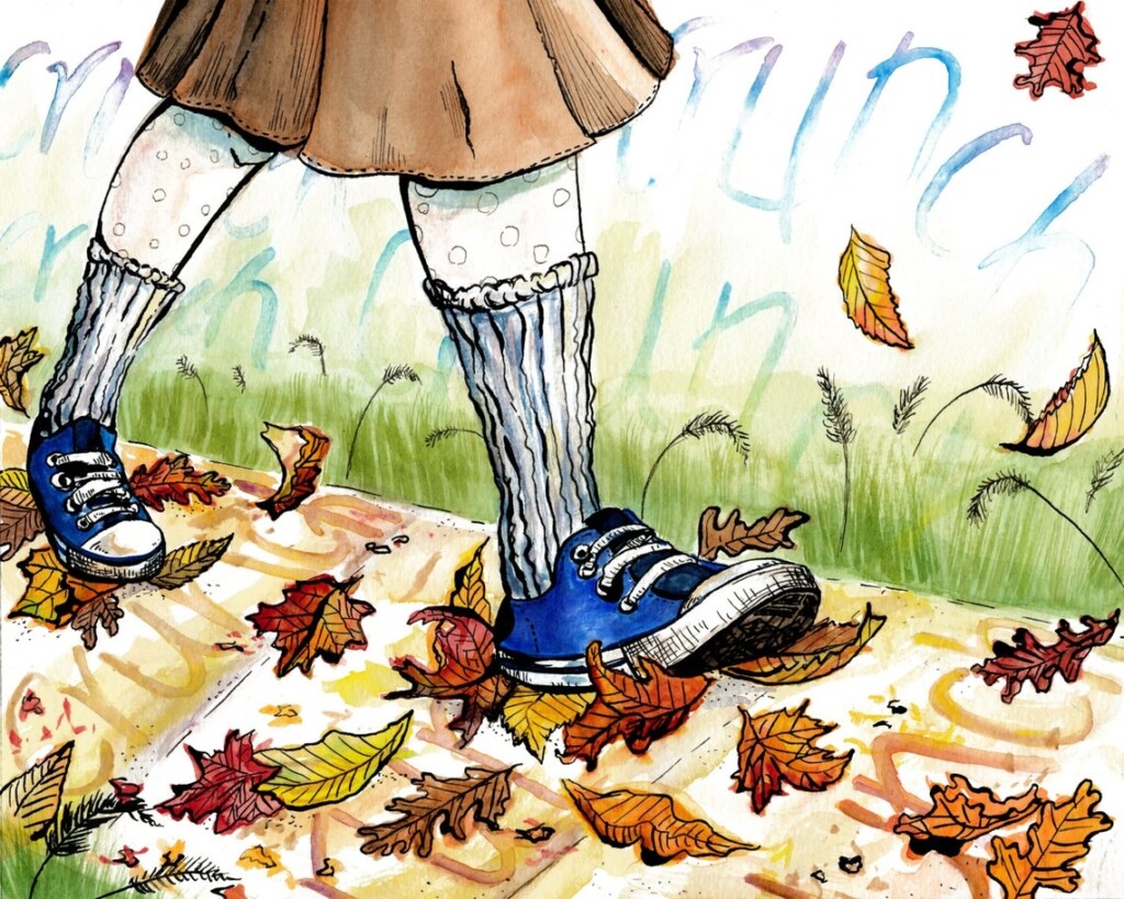 8x10 Print Of Crunching On Autumn Leaves Watercolor And Ink 