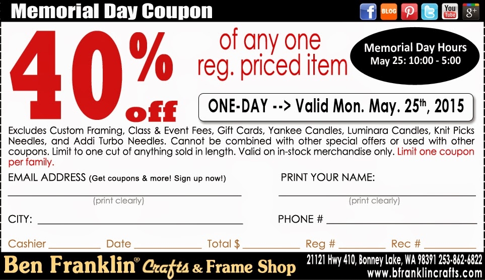 Ben Franklin Crafts And Frame Shop Memorial Day Coupon