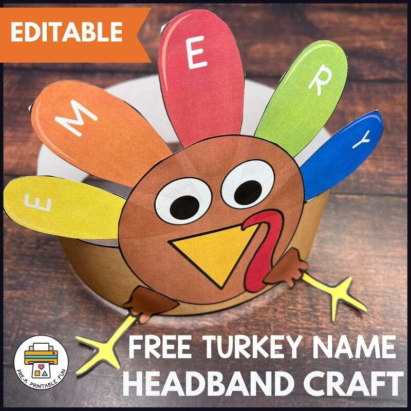 Free Turkey Name Headband Craft For Preschoolers Editable Pre K 